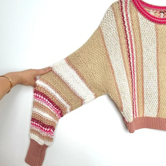 Free People Boho Show Me Love Chunky Knit Cropped Dolman Sleeve Striped Sweater - Picture 9 of 14